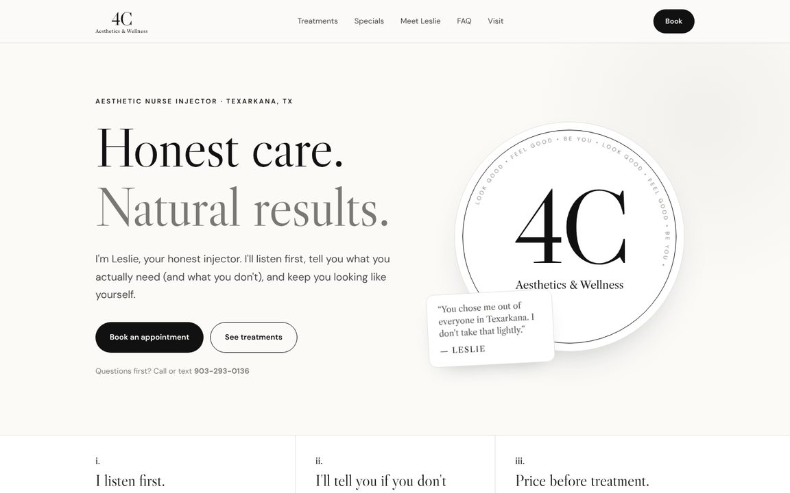Homepage concept for a nurse injector in Texarkana, Texas