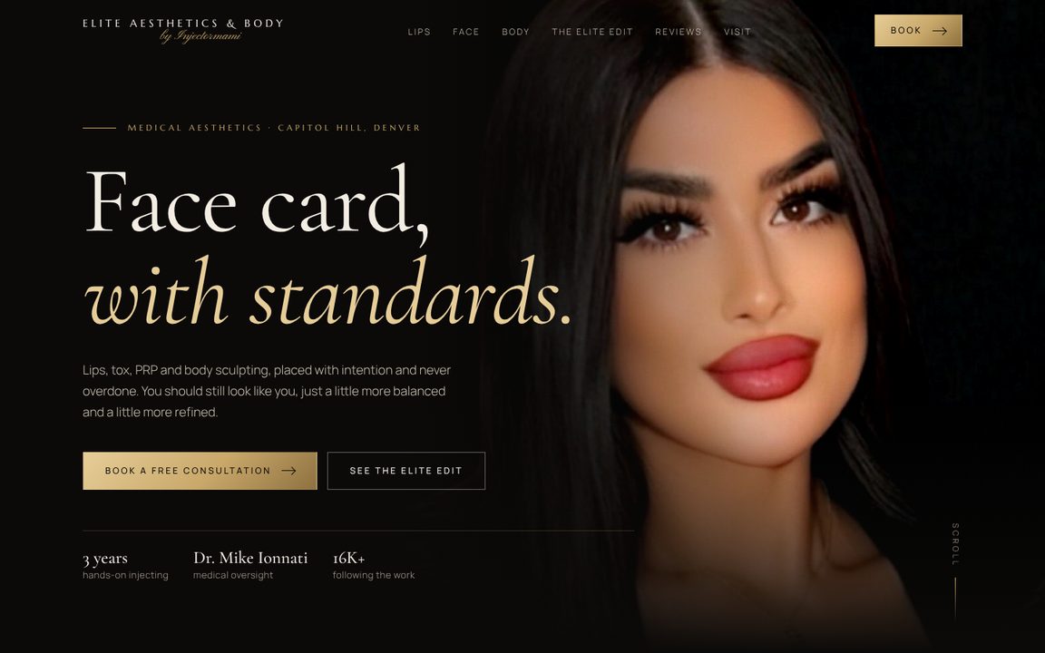 Homepage concept for an aesthetic injector in Capitol Hill, Denver