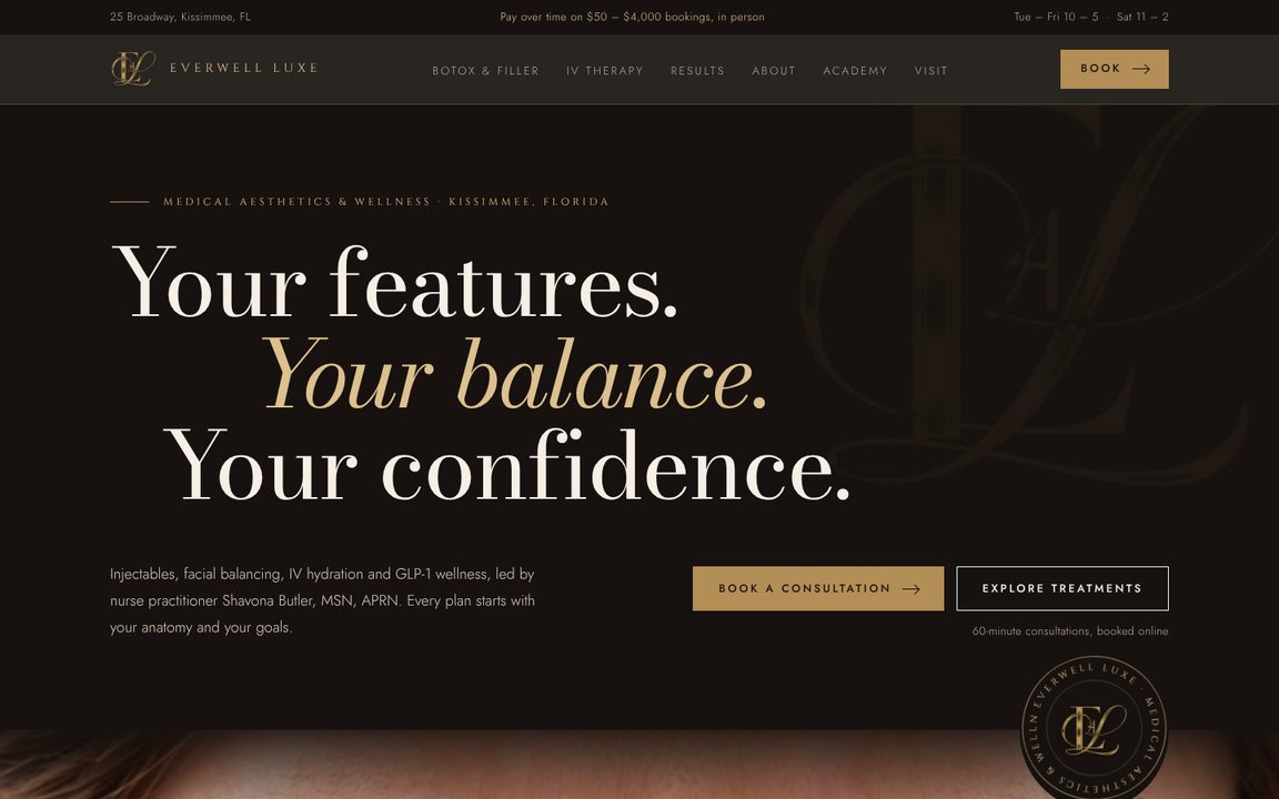 Homepage concept for a medical aesthetics studio in Kissimmee, Florida